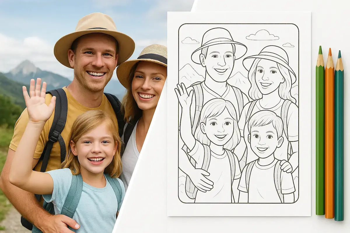 Example showing the transformation of a regular photo into a coloring page